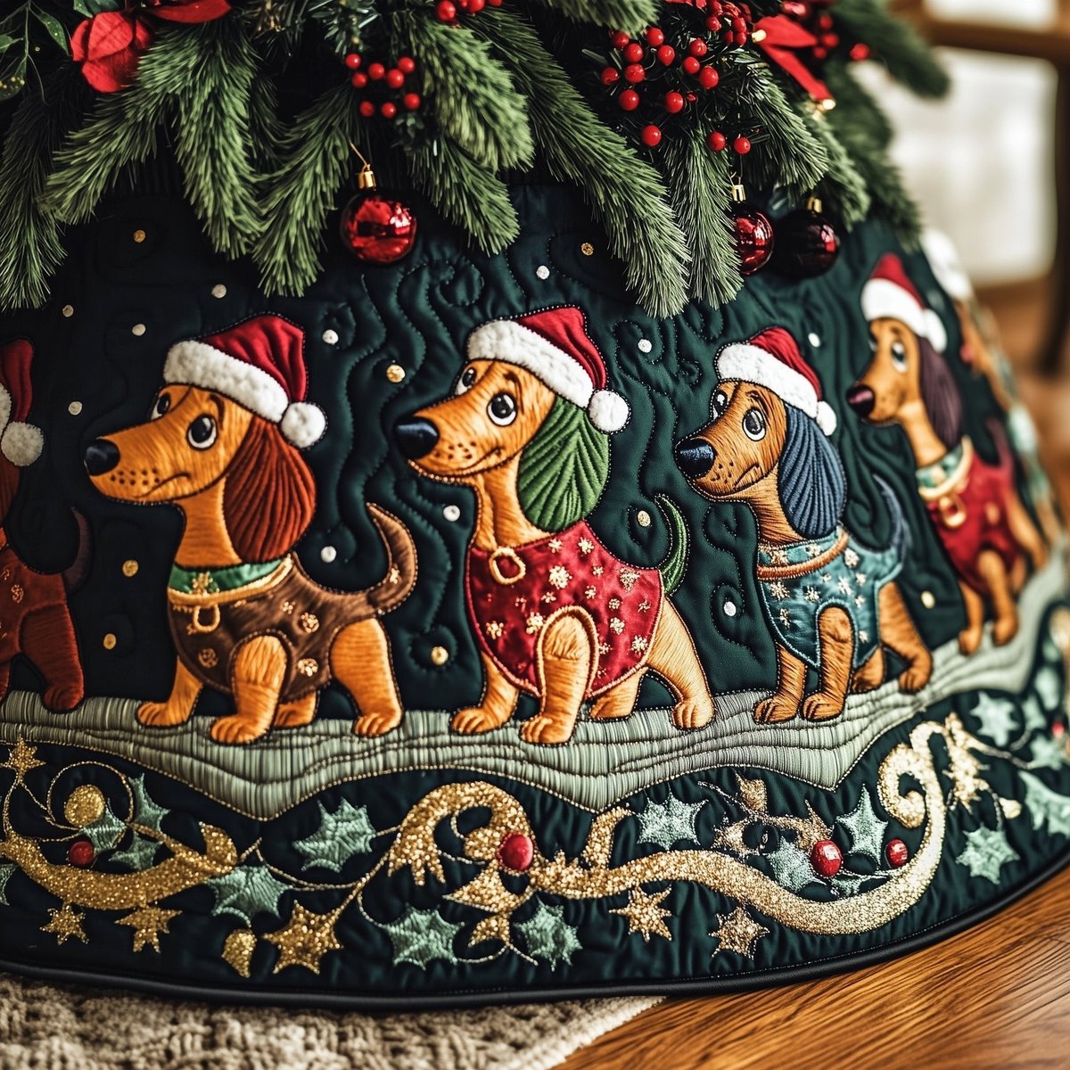 Dachshunds in Santa Hats Dark Green Christmas Tree Skirt - Made to Order TREEK101