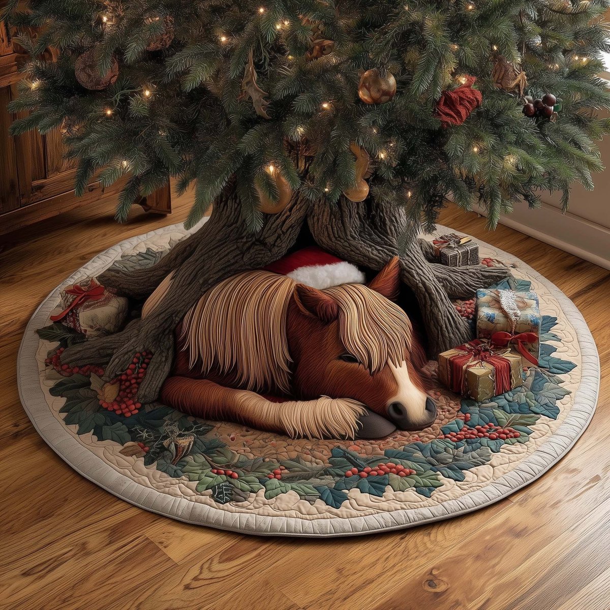 Brown Horse with Poinsettias Christmas Tree Skirt - Made to Order TREEK101