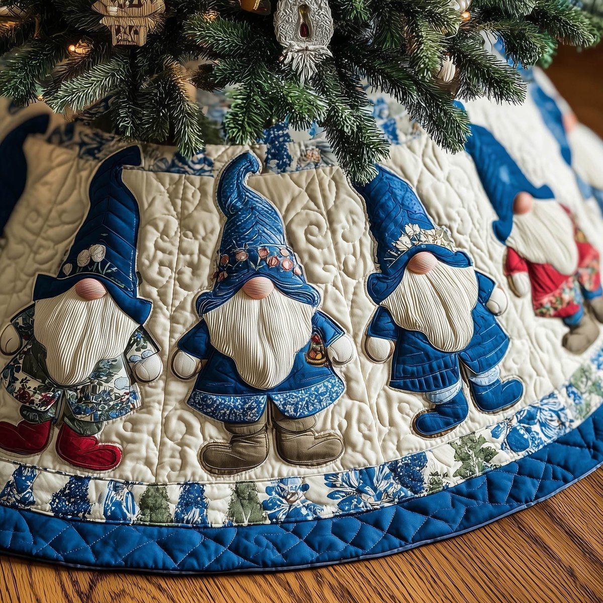 Blue Gnomes on Cream Quilt Christmas Tree Skirt - Made to Order TREEK101