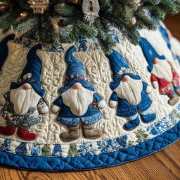 Blue Gnomes on Cream Quilt Christmas Tree Skirt - Made to Order TREEK101