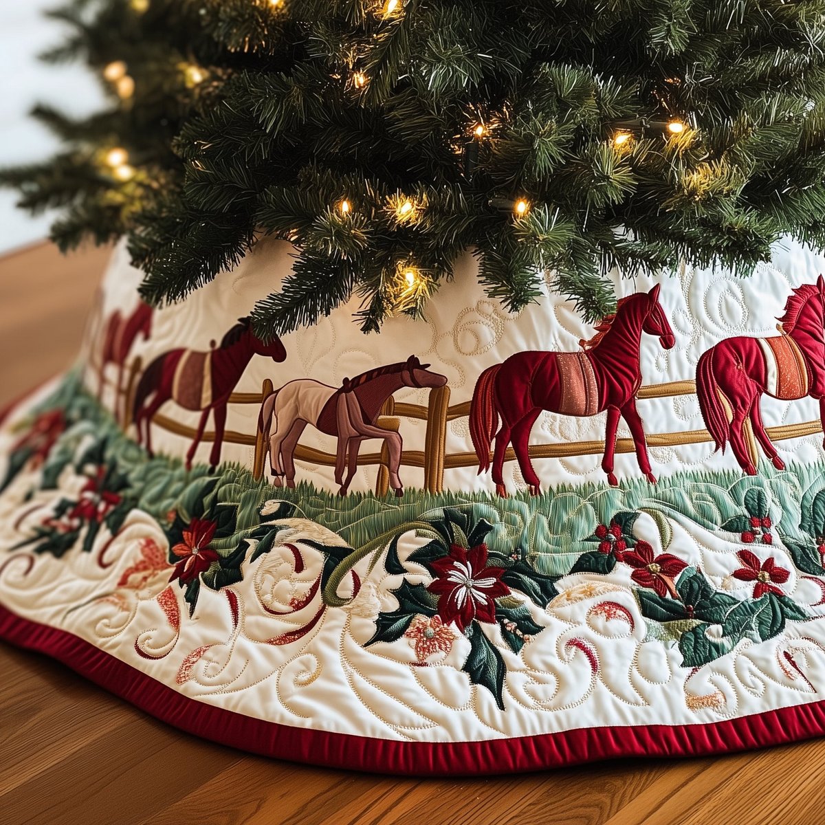 Red Horses with Poinsettia Border Christmas Tree Skirt - Made to Order TREEK101