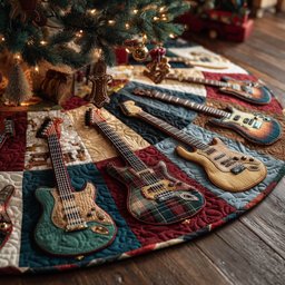 Guitars on Red and Teal Patchwork Christmas Tree Skirt - Made to Order TREEK101