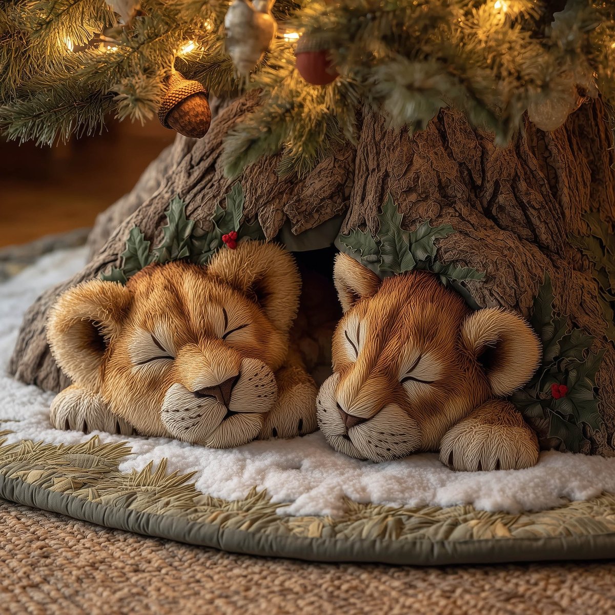 Two Lion Cubs Sleeping Christmas Tree Skirt - Made to Order TREEK101