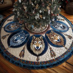 Wolf Portraits in Blue Medallions Christmas Tree Skirt - Made to Order TREEK101