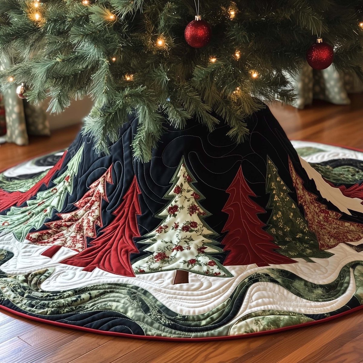 Red and White Pines on Green Christmas Tree Skirt - Made to Order TREEK101