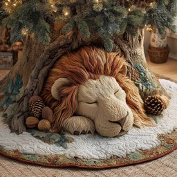 Sleeping Lion on White Quilt Christmas Tree Skirt - Made to Order TREEK101