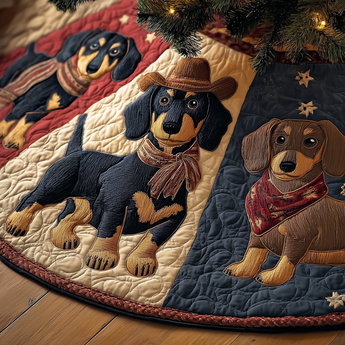 Dachshunds in Scarves Navy Patchwork Christmas Tree Skirt - Made to Order TREEK101