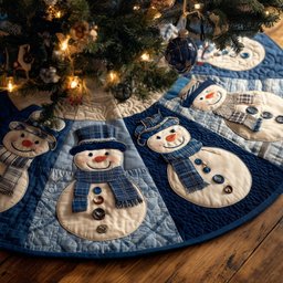 Snowmen on Blue Plaid Panels Christmas Tree Skirt - Made to Order TREEK101