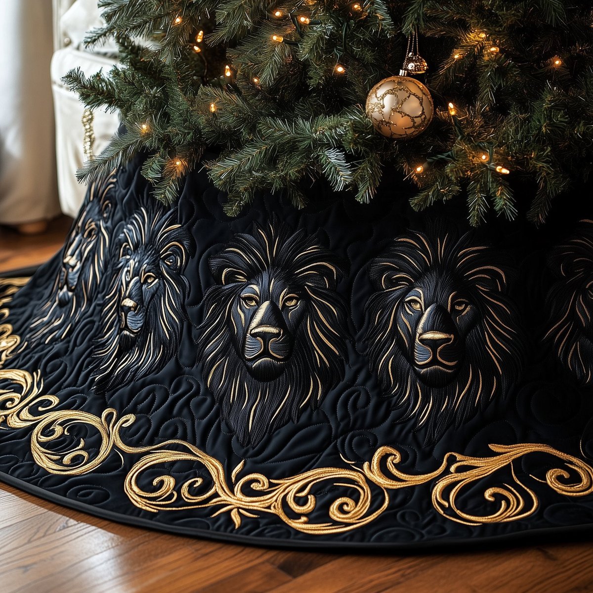 Black Lions with Gold Scrollwork Christmas Tree Skirt - Made to Order TREEK101