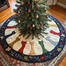 Cats on Cream with Blue Floral Border Christmas Tree Skirt - Made to Order TREEK101