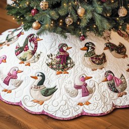 Ducks with Floral Feathers and Scalloped Edge Christmas Tree Skirt - Made to Order TREEK101