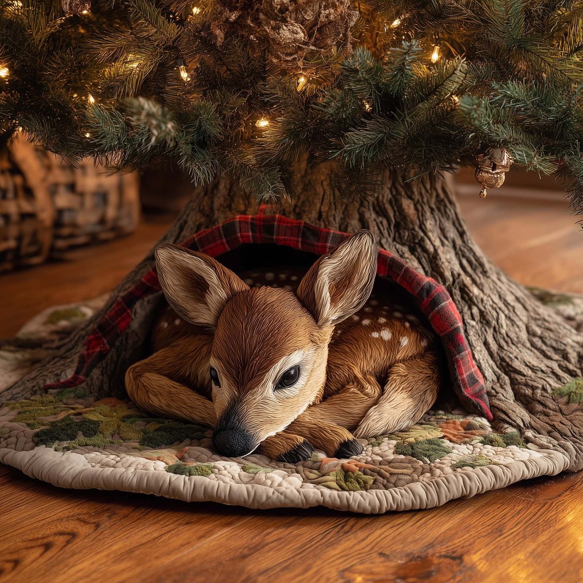 Fawn Asleep on the Red Plaid Blanket Christmas Tree Skirt - Made to Order TREEK101