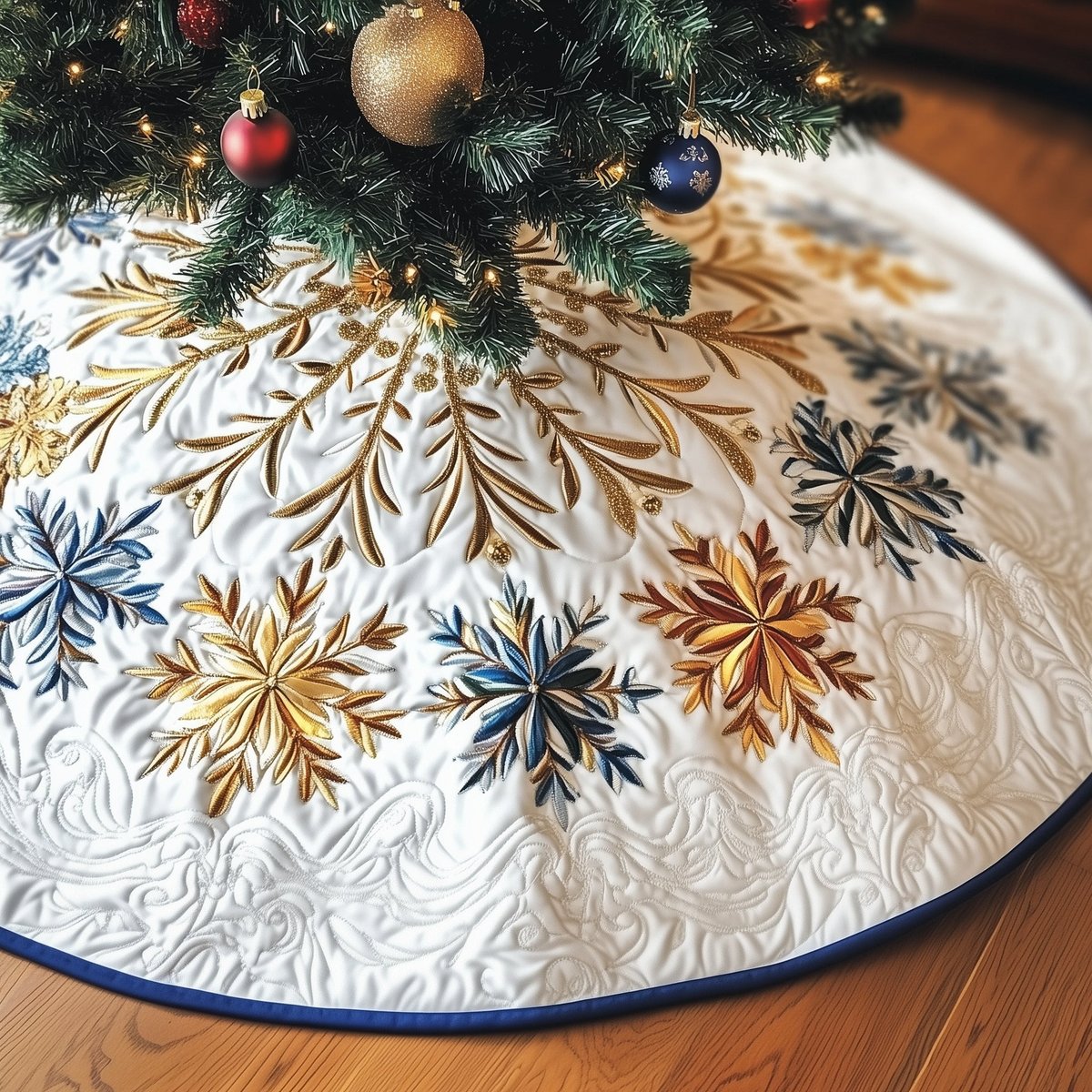 Gold and Blue Snowflakes on White Christmas Tree Skirt - Made to Order TREEK101