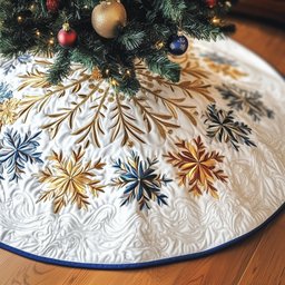 Gold and Blue Snowflakes on White Christmas Tree Skirt - Made to Order TREEK101