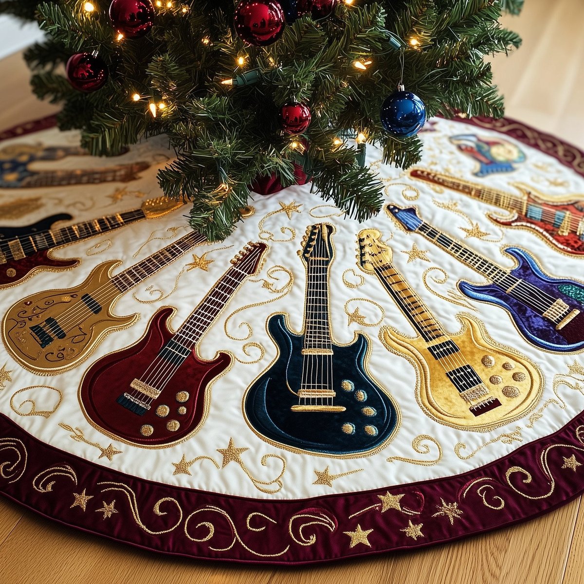 Guitars in Wine and Gold on Cream Christmas Tree Skirt - Made to Order TREEK101