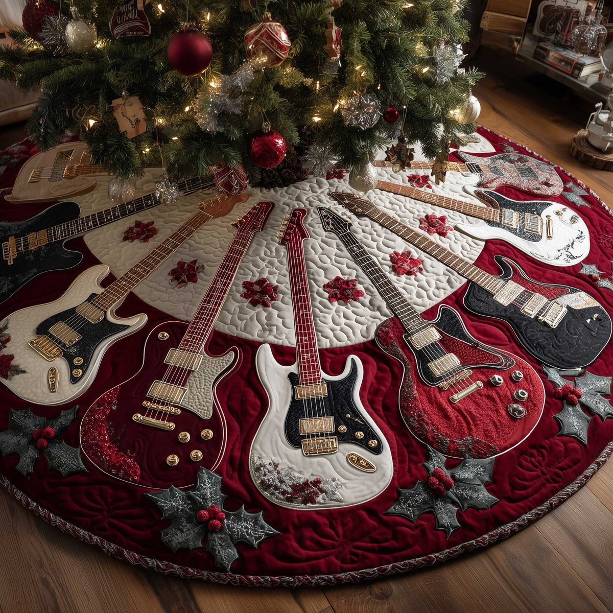 Guitars on Red and White Poinsettia Christmas Tree Skirt - Made to Order TREEK101