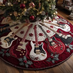 Guitars on Red and White Poinsettia Christmas Tree Skirt - Made to Order TREEK101