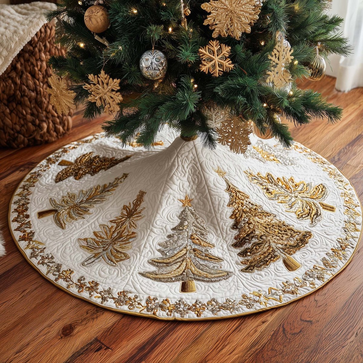 Ivory Quilt with Golden Pine Trees Christmas Tree Skirt - Made to Order TREEK101