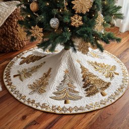 Ivory Quilt with Golden Pine Trees Christmas Tree Skirt - Made to Order TREEK101