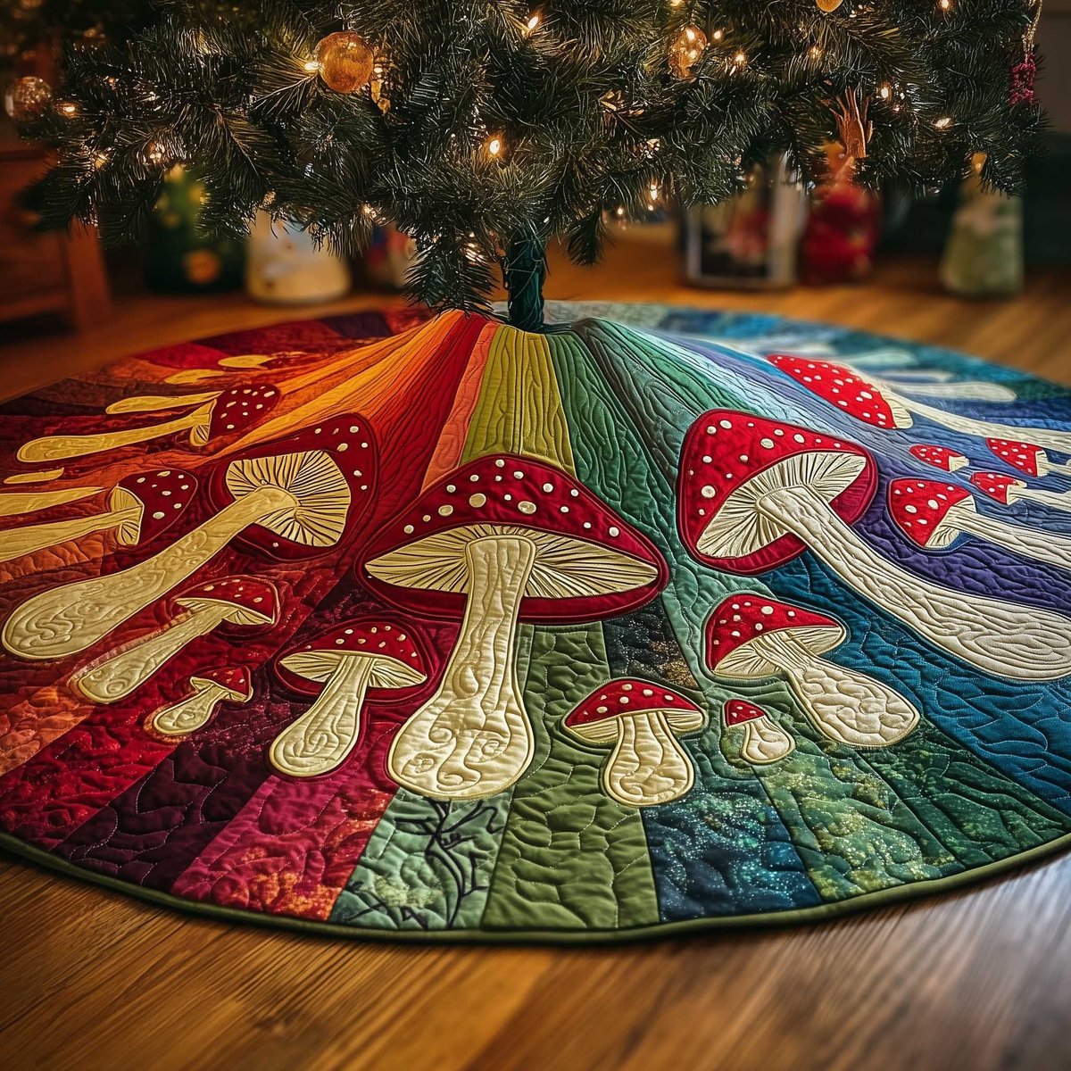 Mushrooms on Rainbow Wedges Christmas Tree Skirt - Made to Order TREEK101