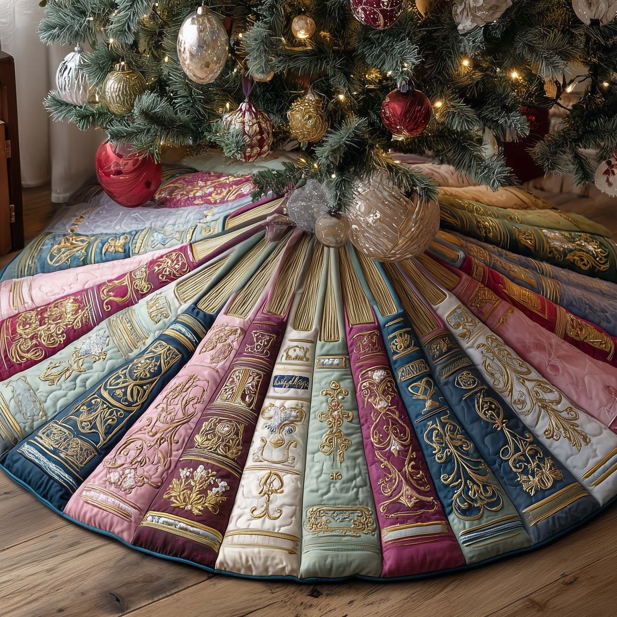 Pink and Cream Ornate Book Spines Christmas Tree Skirt - Made to Order TREEK101