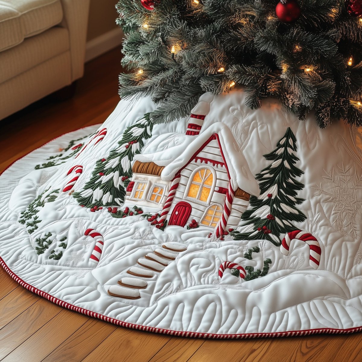 White Cottage with Candy Cane Path Christmas Tree Skirt - Made to Order TREEK101