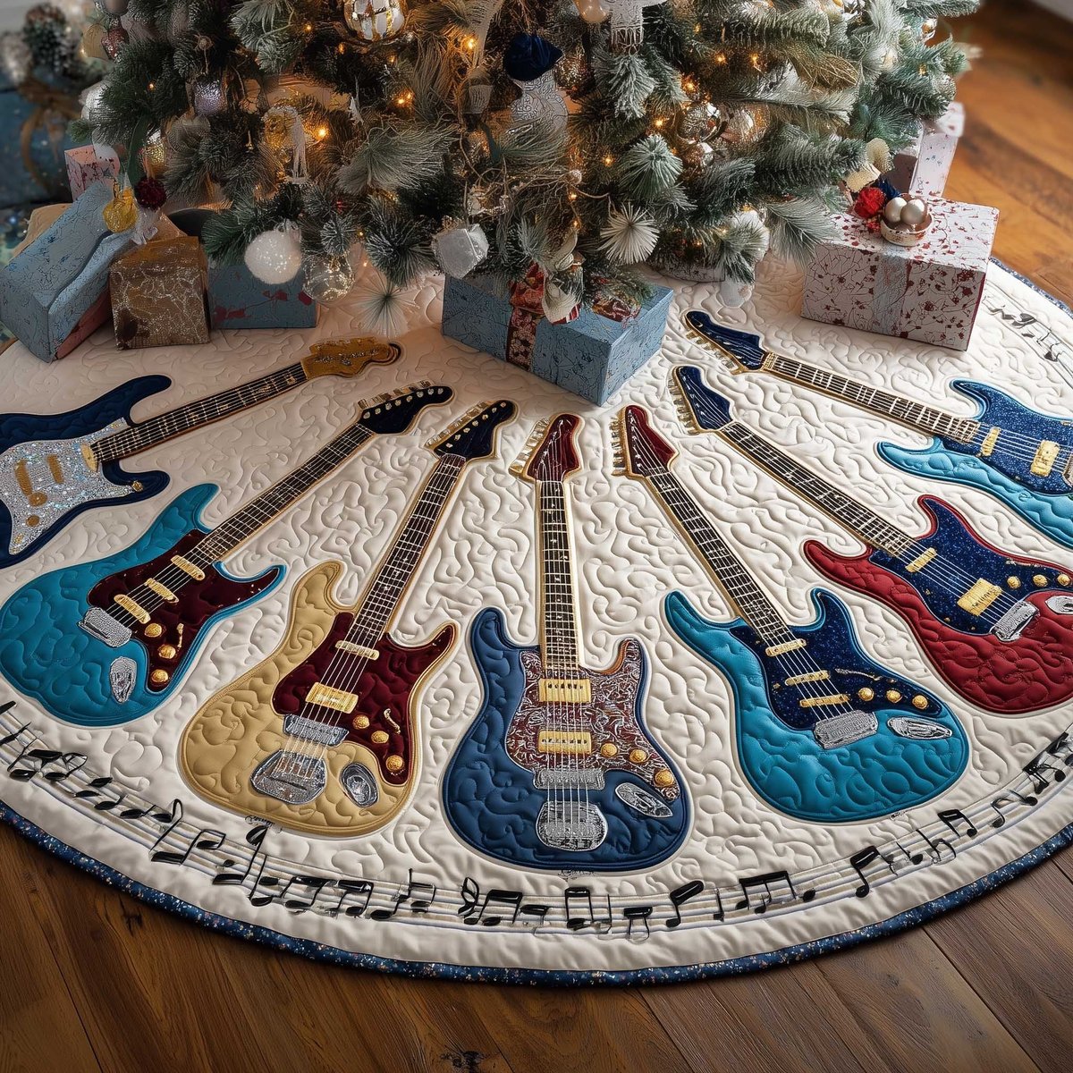 Electric Guitars with Music Notes Christmas Tree Skirt - Made to Order TREEK101