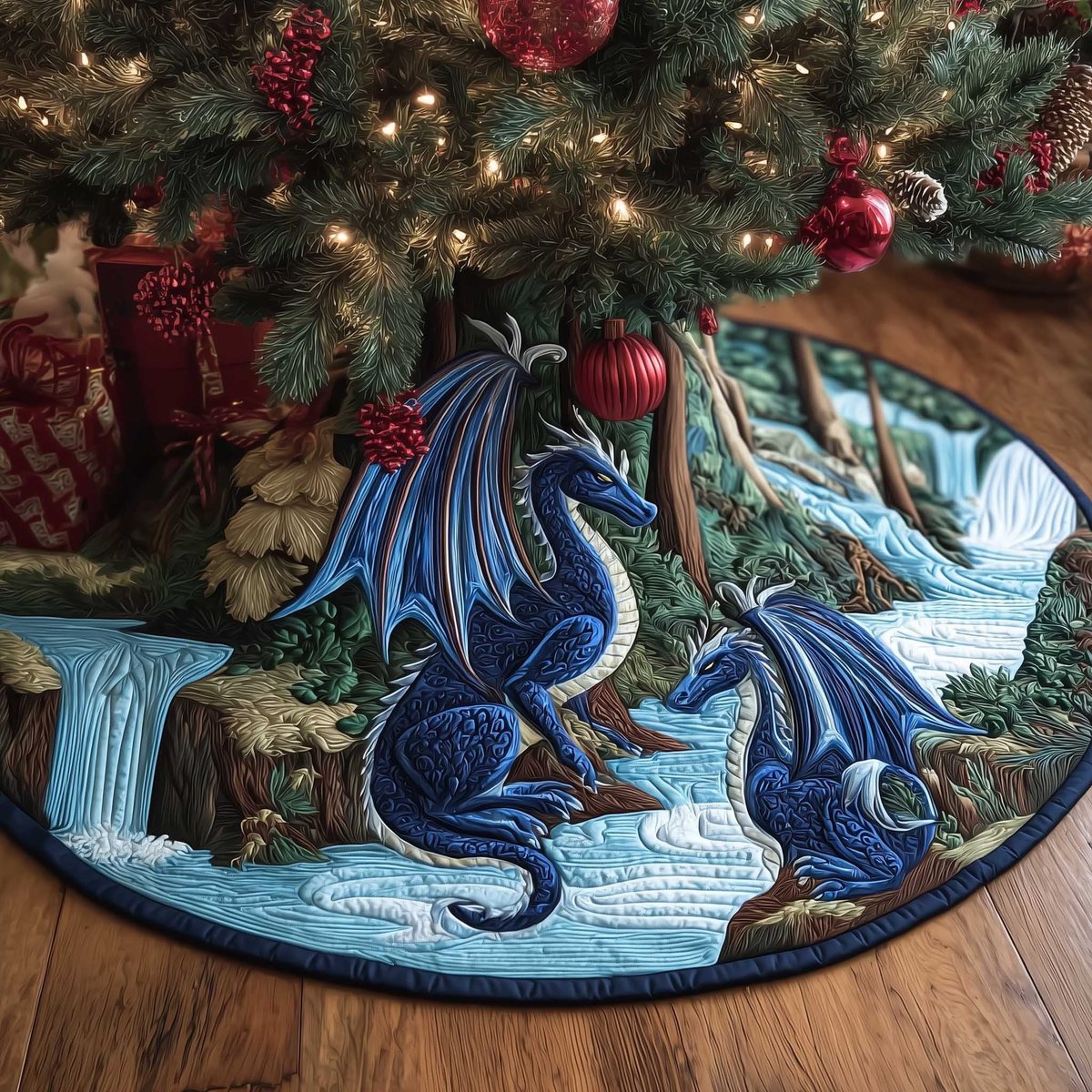 Blue Dragons by the Forest Stream Christmas Tree Skirt - Made to Order TREEK101