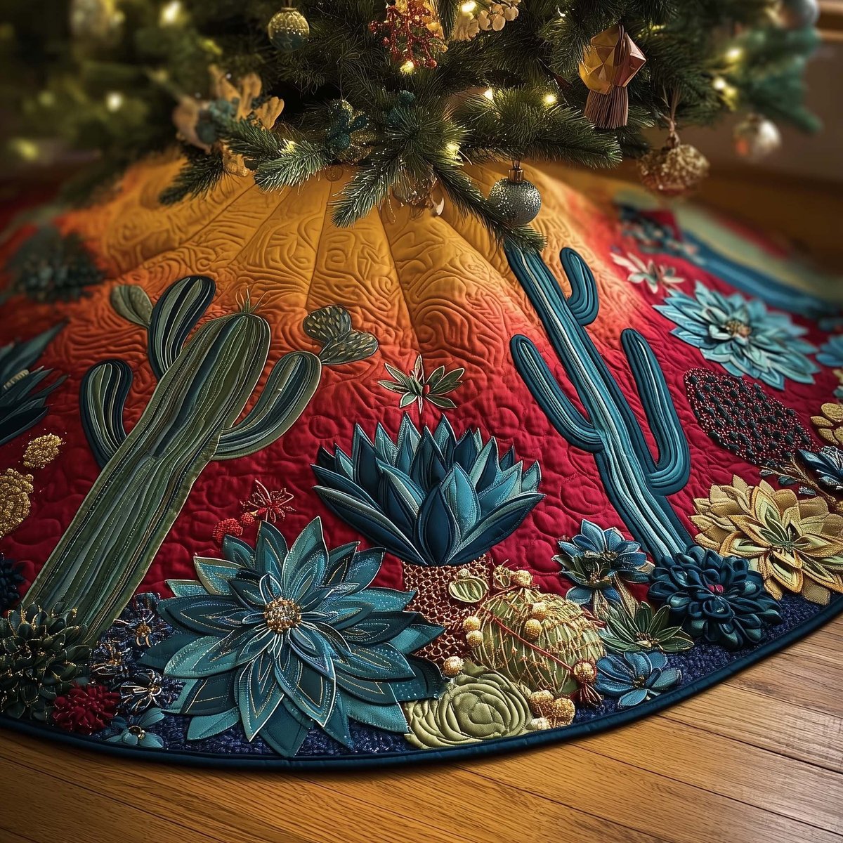 Teal Cacti on Red Desert Bloom Christmas Tree Skirt - Made to Order TREEK101
