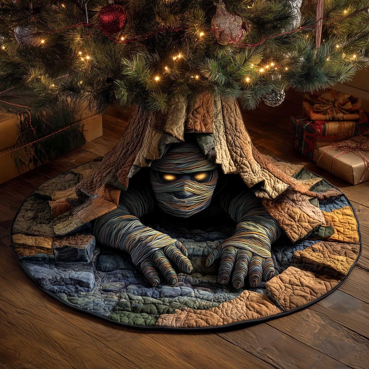 Mummy Crawling Under the Tree Roots Christmas Tree Skirt - Made to Order TREEK101