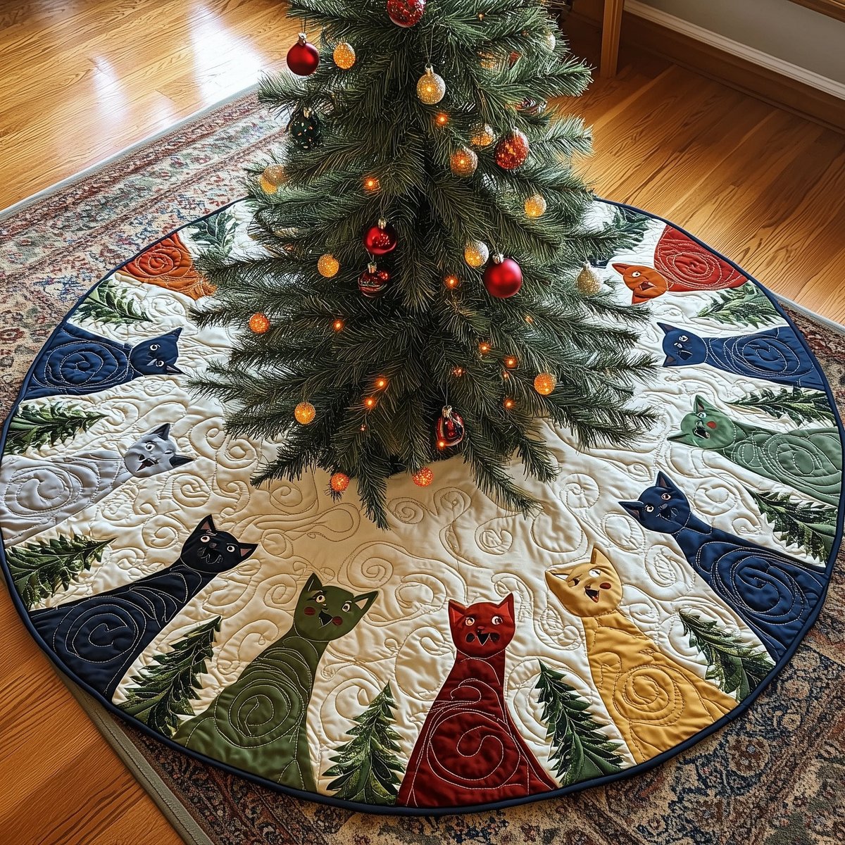 Cats Around the Pine Trees Christmas Tree Skirt - Made to Order TREEK101