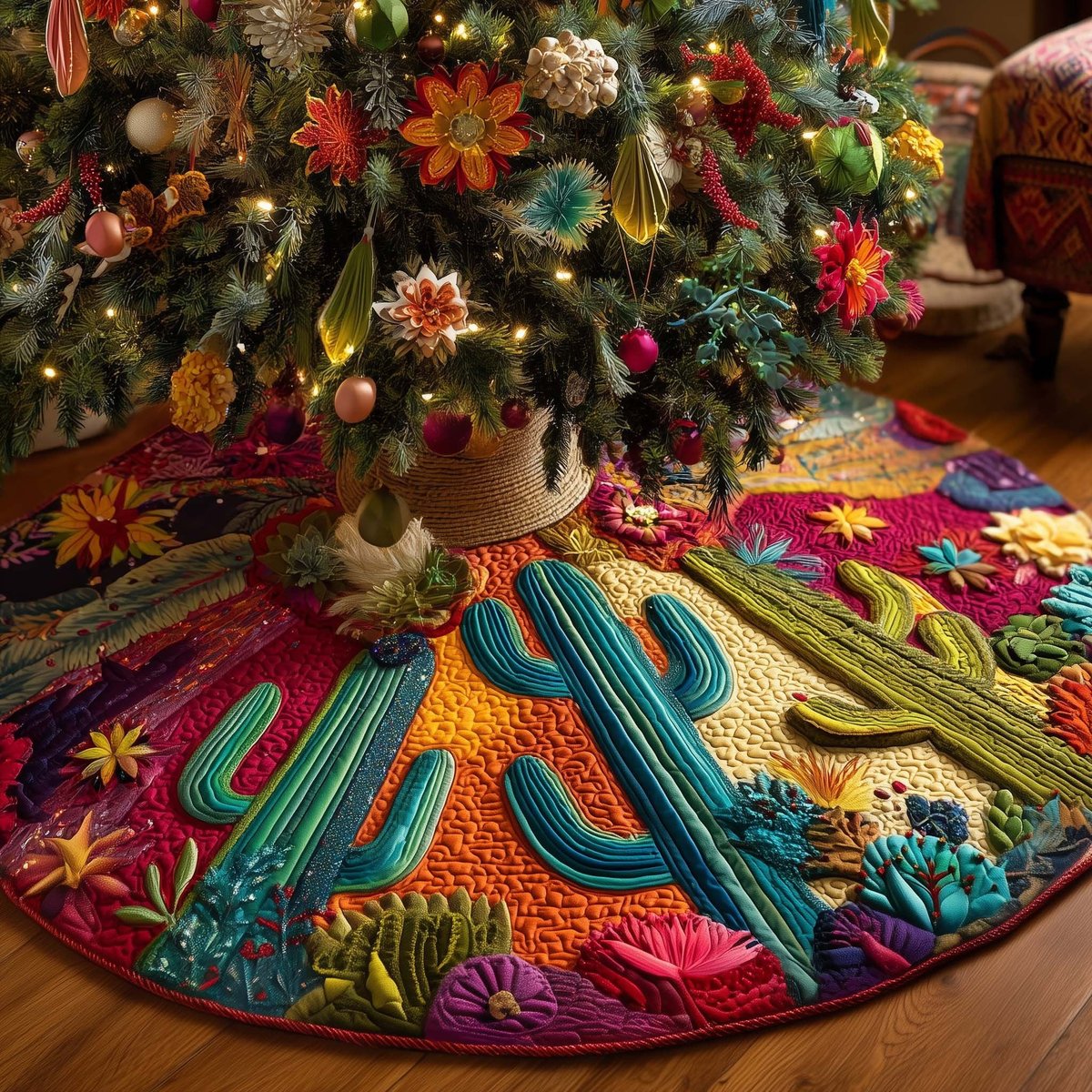 Cacti and Succulents on Orange Christmas Tree Skirt - Made to Order TREEK101