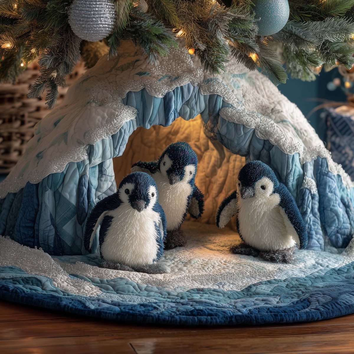 Penguin Family in the Ice Grotto Christmas Tree Skirt - Made to Order TREEK101