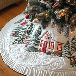 Winter Cottage with Poinsettias Christmas Tree Skirt - Made to Order TREEK101