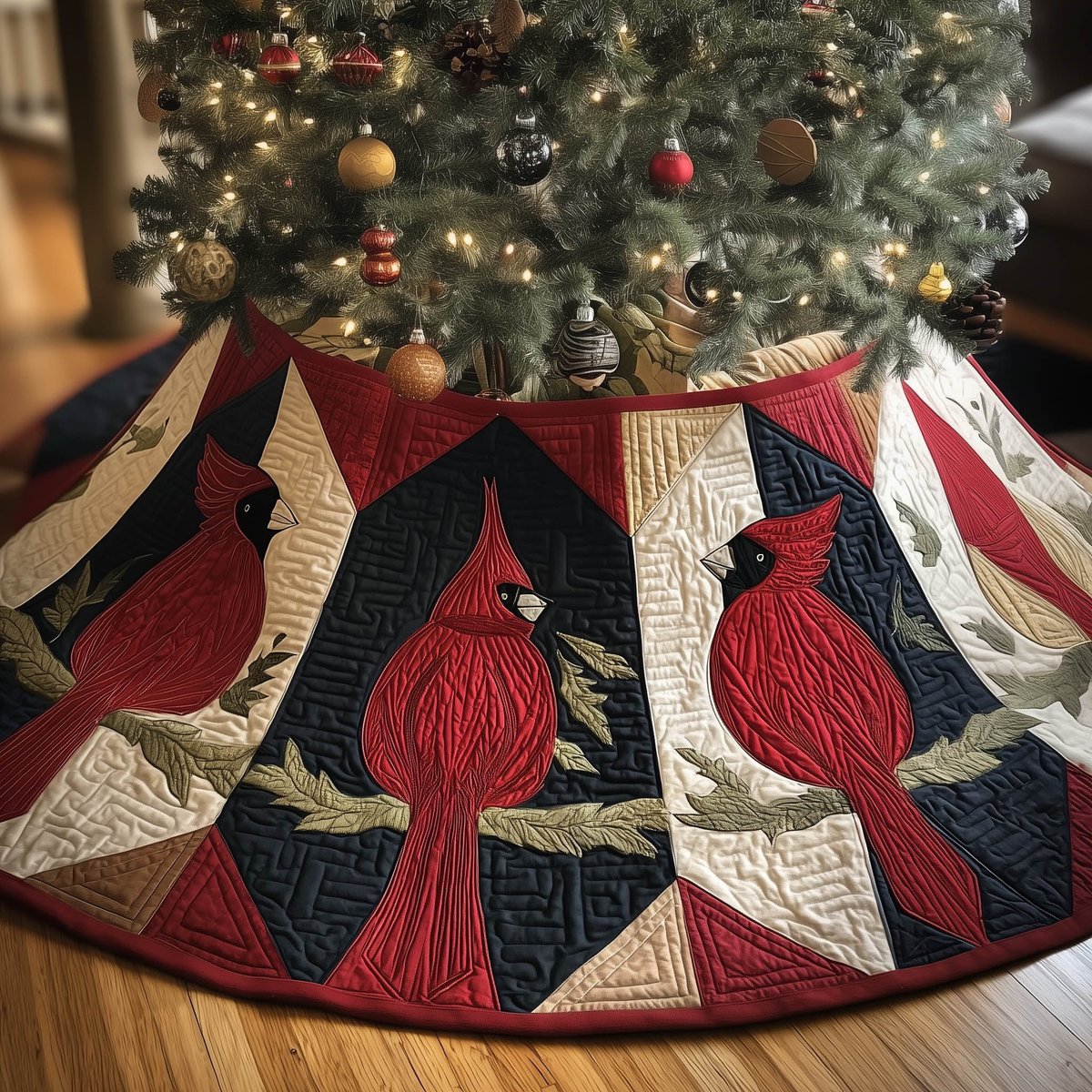 Cardinal Blocks in Red and Black Christmas Tree Skirt - Made to Order TREEK101