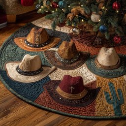 Cowboy Hats on Colorful Panels Christmas Tree Skirt - Made to Order TREEK101