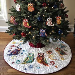 Colorful Owls on White Swirls Christmas Tree Skirt - Made to Order TREEK101