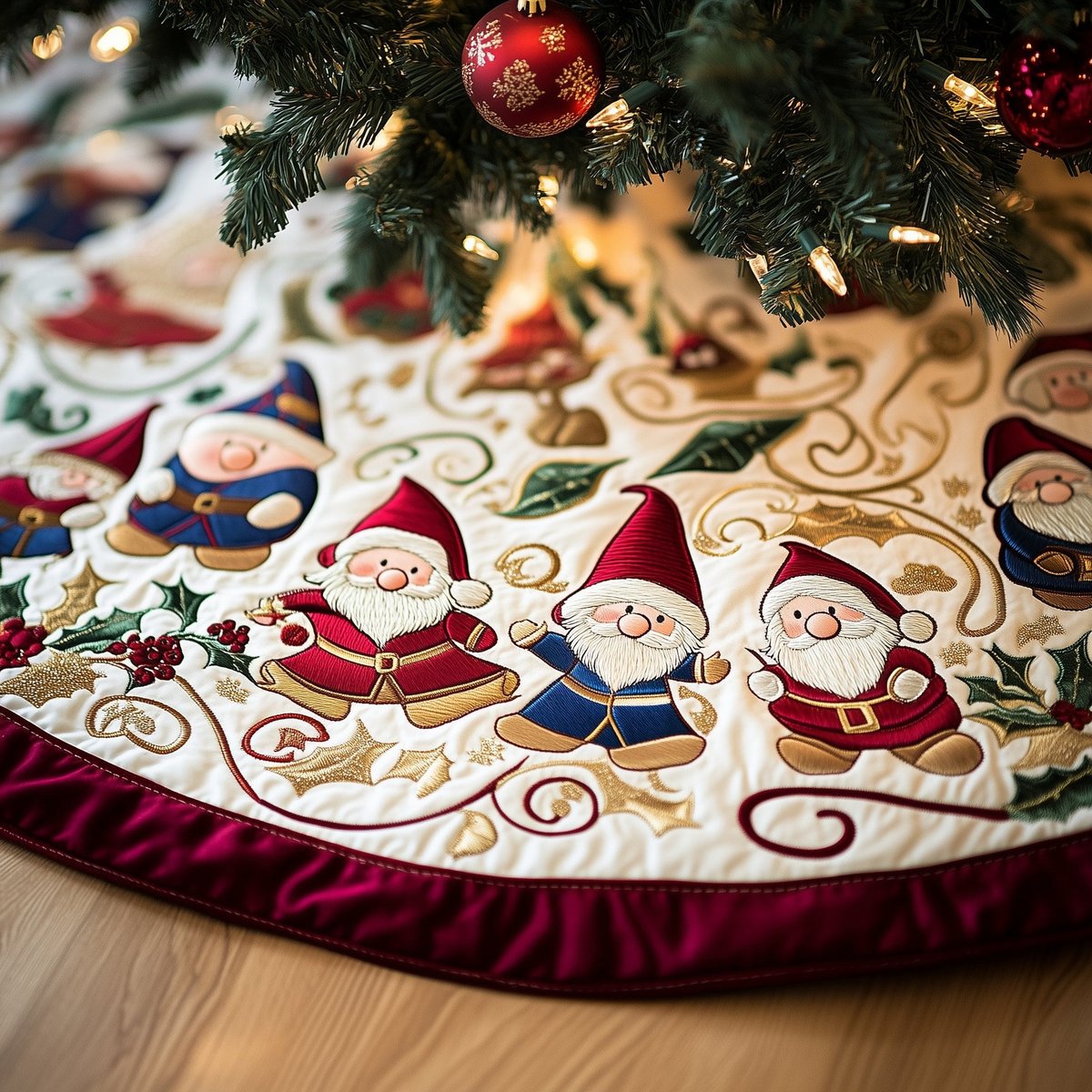 Gnomes with Deep Red Border Christmas Tree Skirt - Made to Order TREEK101