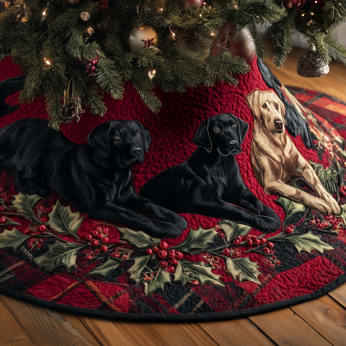 Black and Yellow Labradors on Red Quilt Christmas Tree Skirt - Made to Order TREEK101