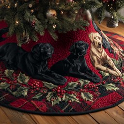 Black and Yellow Labradors on Red Quilt Christmas Tree Skirt - Made to Order TREEK101