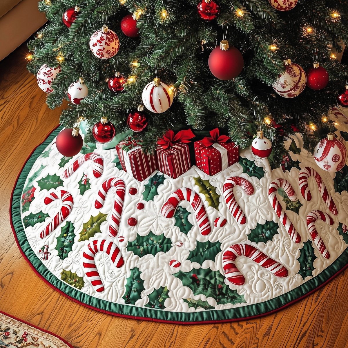 Candy Canes with Holly Green Edge Christmas Tree Skirt - Made to Order TREEK101
