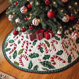 Candy Canes with Holly Green Edge Christmas Tree Skirt - Made to Order TREEK101