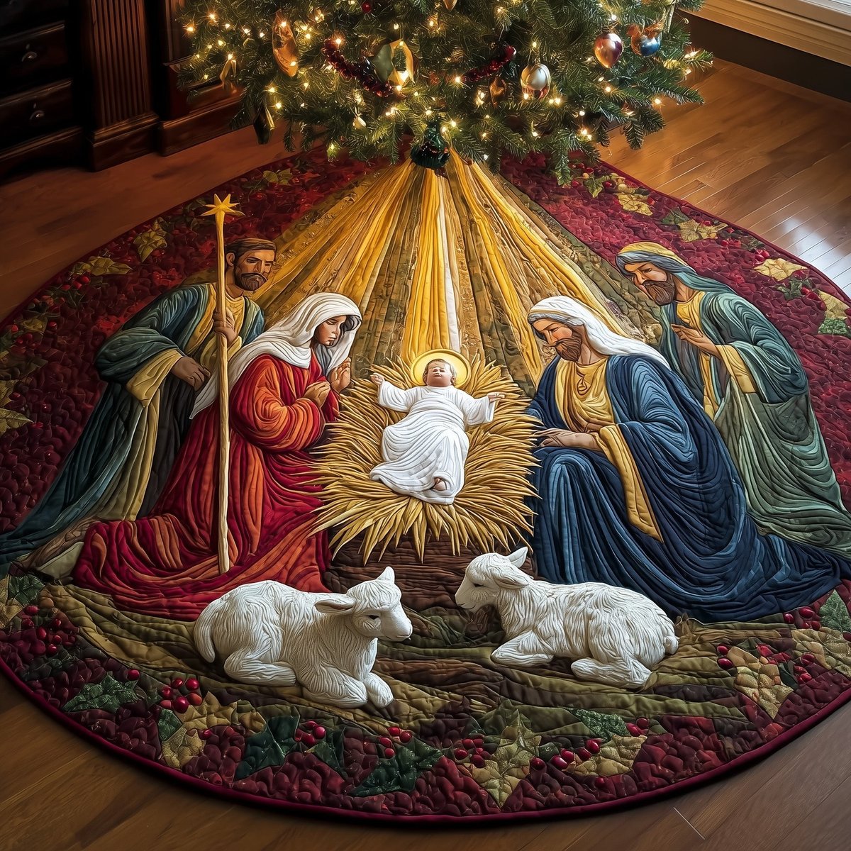 Nativity with Shepherds and Lambs Christmas Tree Skirt - Made to Order TREEK101