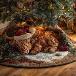 Sleeping Highland Cow with Santa Hat Christmas Tree Skirt - Made to Order TREEK101