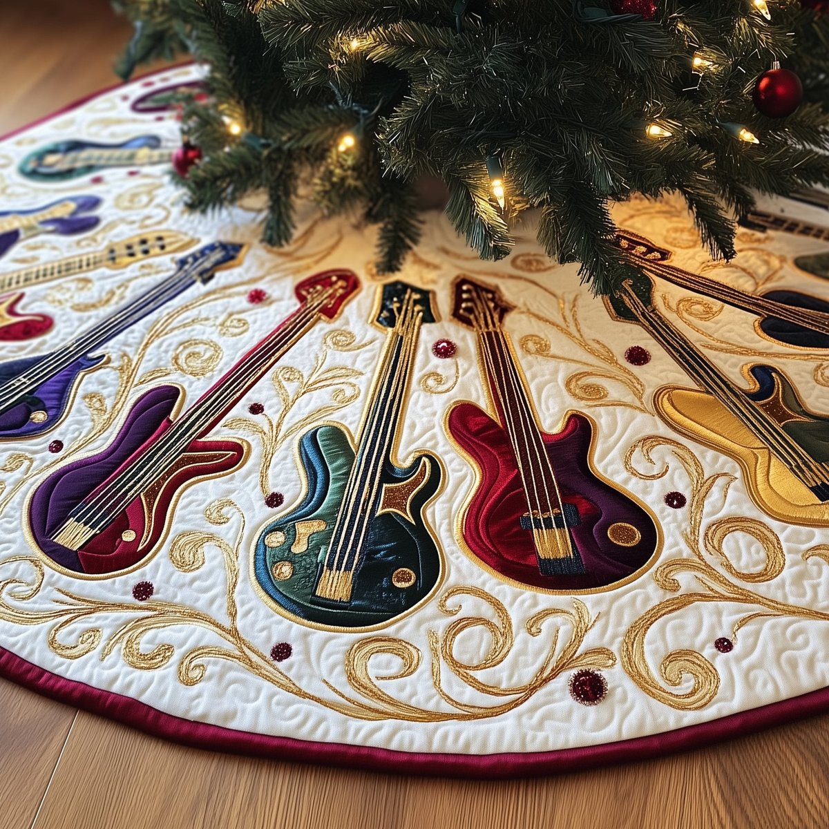 Guitars on Ivory Swirl Quilt Christmas Tree Skirt - Made to Order TREEK101