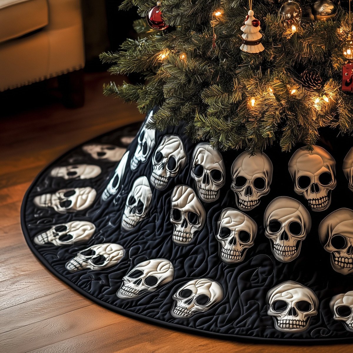 White Skulls Scattered on Black Christmas Tree Skirt - Made to Order TREEK101