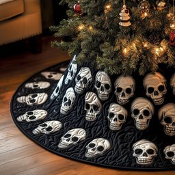 White Skulls Scattered on Black Christmas Tree Skirt - Made to Order TREEK101