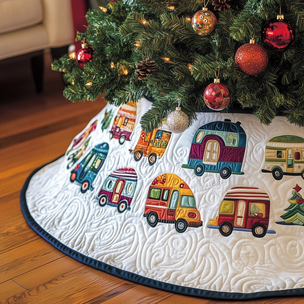Colorful Campers with Navy Border Christmas Tree Skirt - Made to Order TREEK101