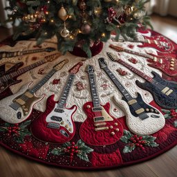 Red and White Guitars on Crimson Christmas Tree Skirt - Made to Order TREEK101