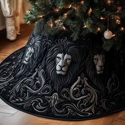 Silver Lion Faces on Black Christmas Tree Skirt - Made to Order TREEK101